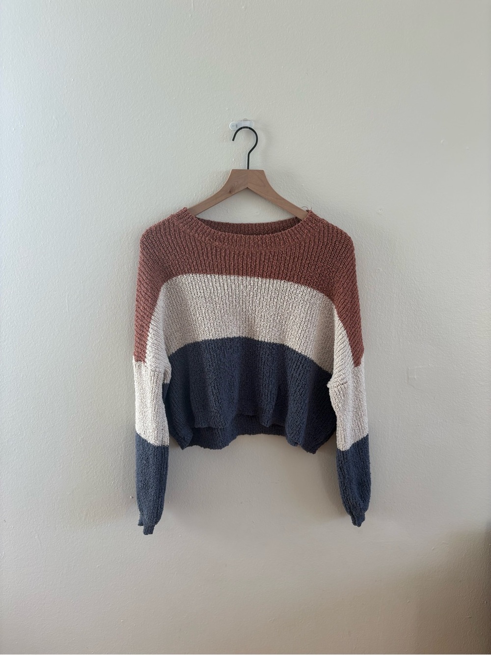 Colorblock Cropped Knit Sweater - Brown, Cream & Navy